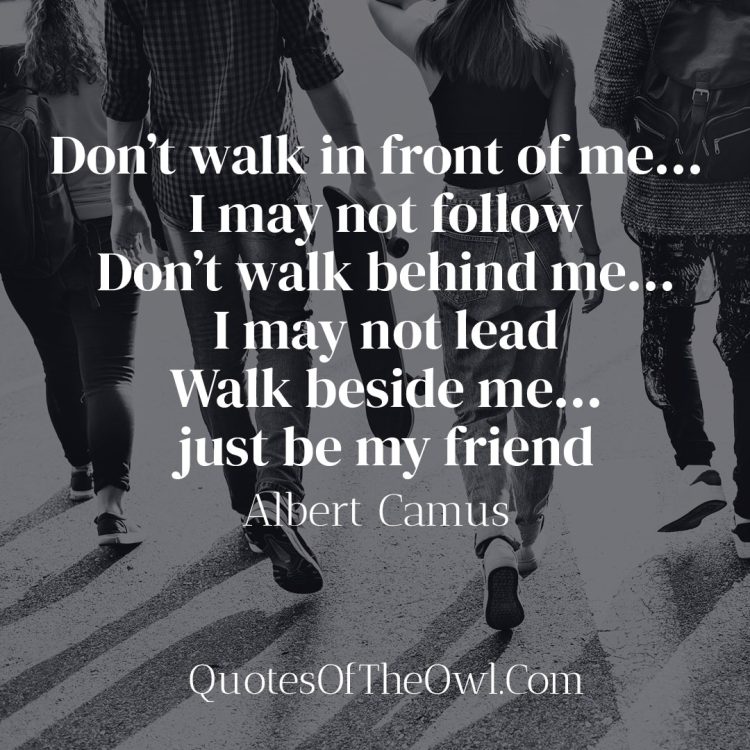 Don’t walk in front of me… I may not follow Don’t walk behind me… I may not lead Walk beside me… just be my friend - Albert Camus Quote Meaning