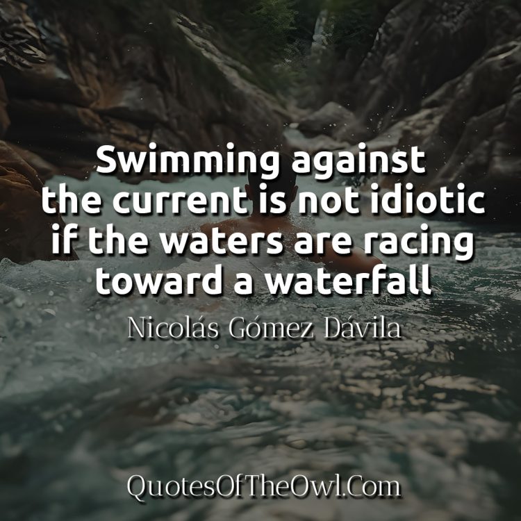 Swimming against the current is not idiotic if the waters are racing toward a waterfall davila quote